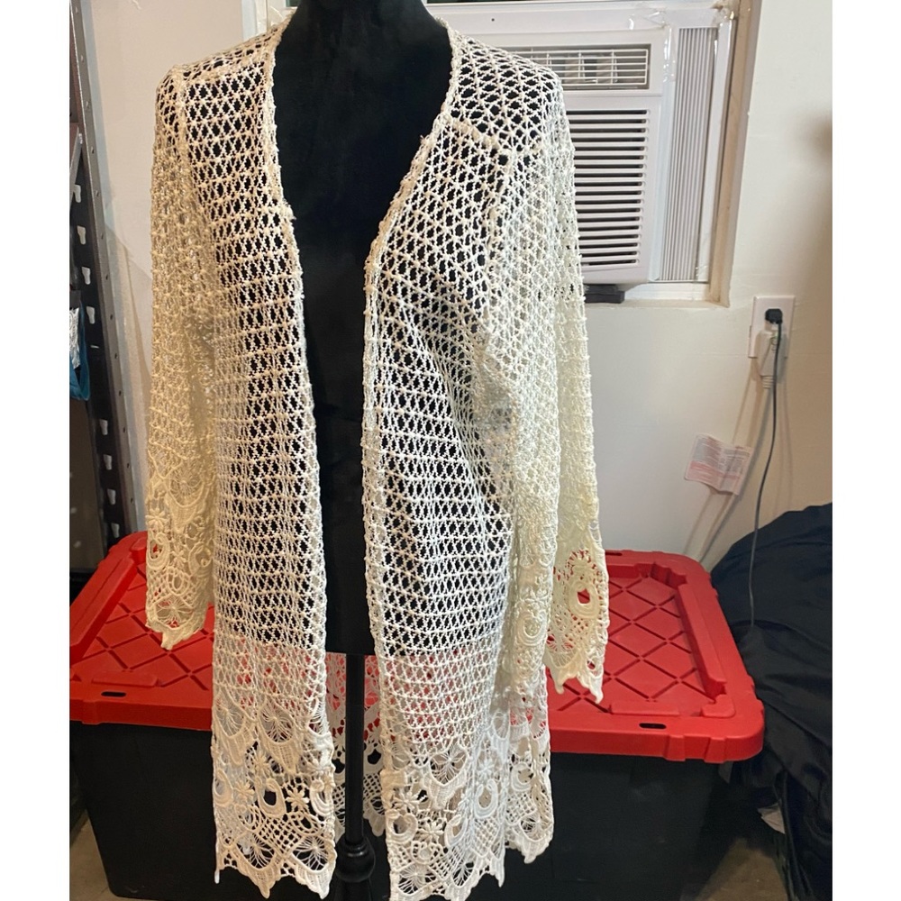 Cato Boho Crochet Open Cardigan Cream Sz 18-20 Bell Long Sleeves Open Sa…